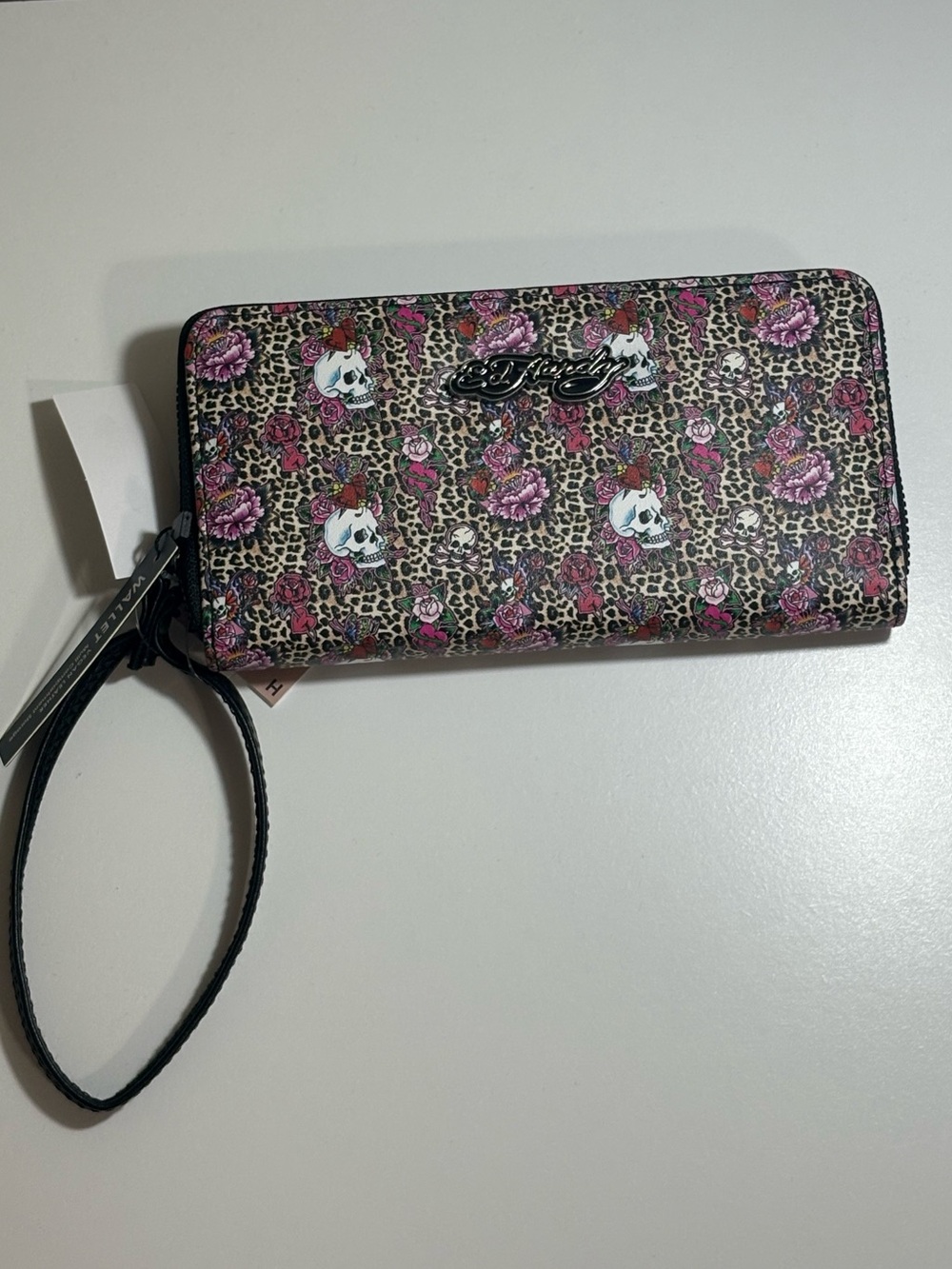 Ed Hardy Leopard Rose Skull Wristlet in Pink and Black